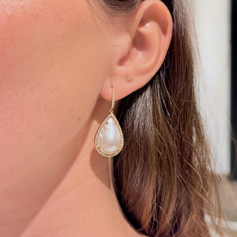 Drop Mother of Pearl Earrings on 14K Yellow Gold Earrings