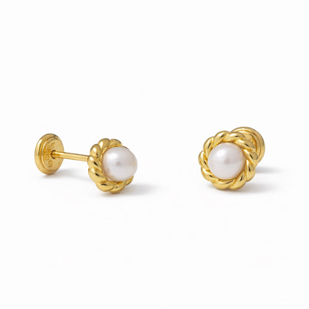 Pearl & Diamonds Rope Studs on 14K Yellow Gold Earrings