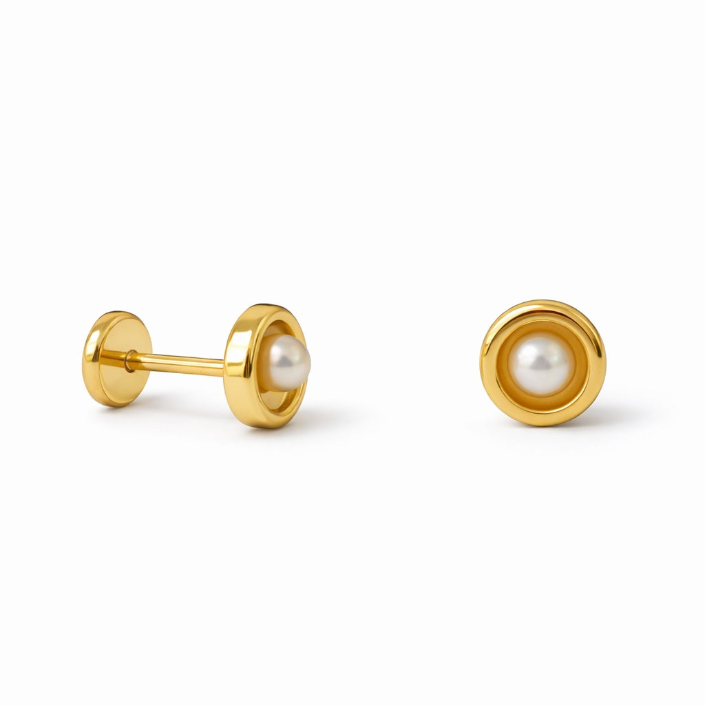 Mini Pearl & Diamonds Studs on 14K Yellow Gold Earrings