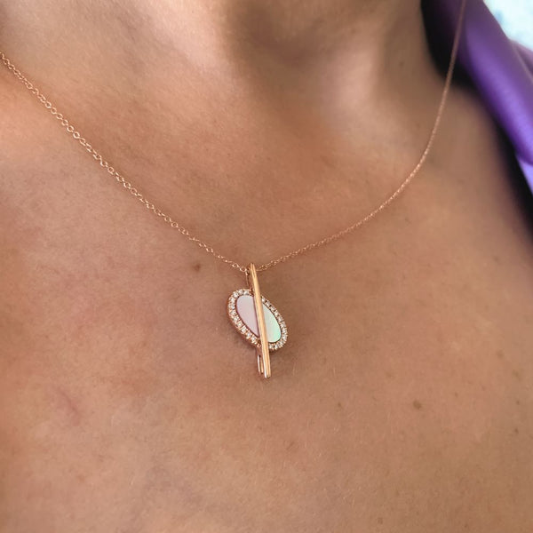 Ellipse Mother of Pearl & Diamond Pendant with Rose Gold Necklace.