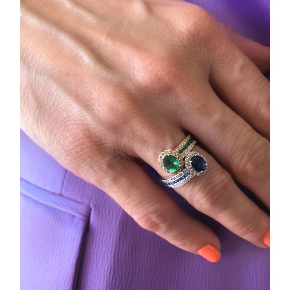 Emerald & Blue Sapphire with Diamond Rings