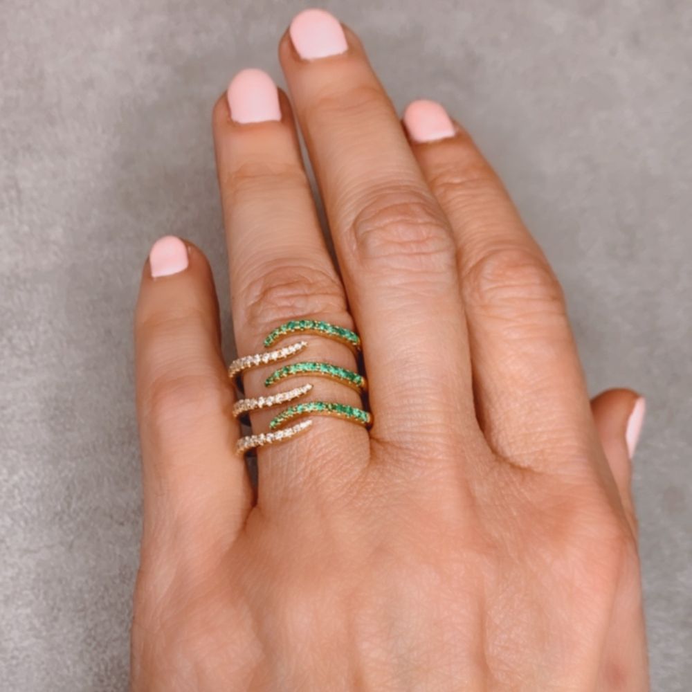 Emerald & Diamond Waved on 14K Yellow Gold Ring