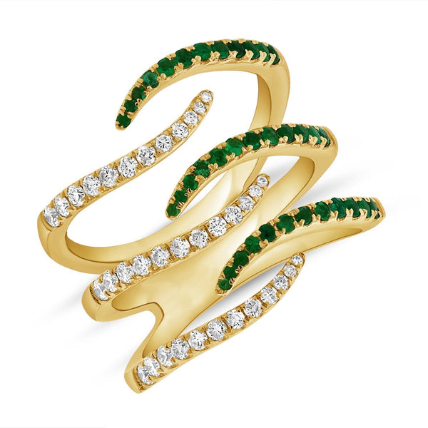 14K Yellow Gold Emerald & Diamond Wave Ring  14K Yellow Gold weight: 7.46 grams 36 Diamond: 0.39 ct 36 Emerald: 0.42 ct