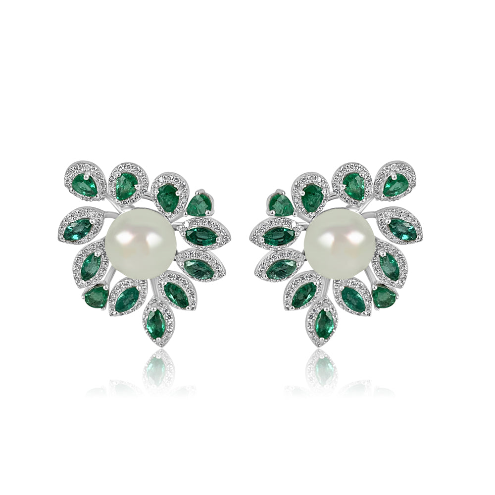 Emerald & Diamonds Leaf with Pearl Earrings