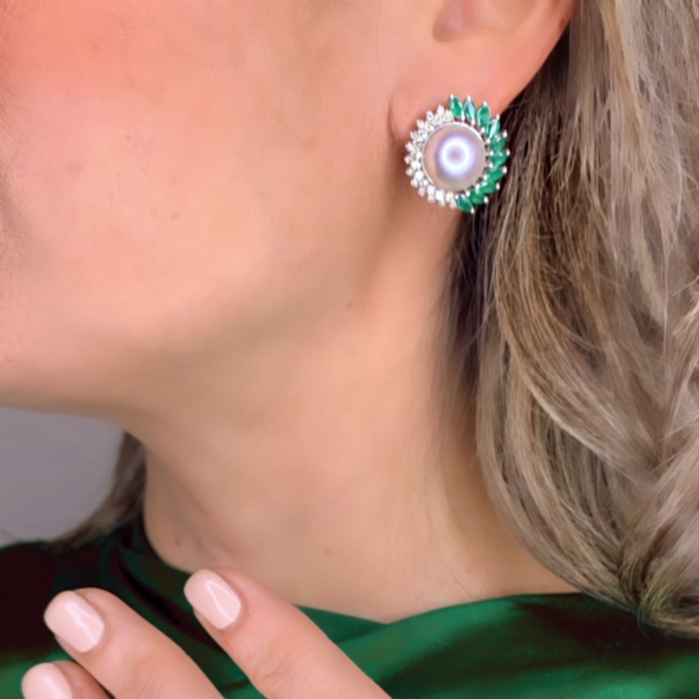 Emerald & Diamonds with Pearl Earrings