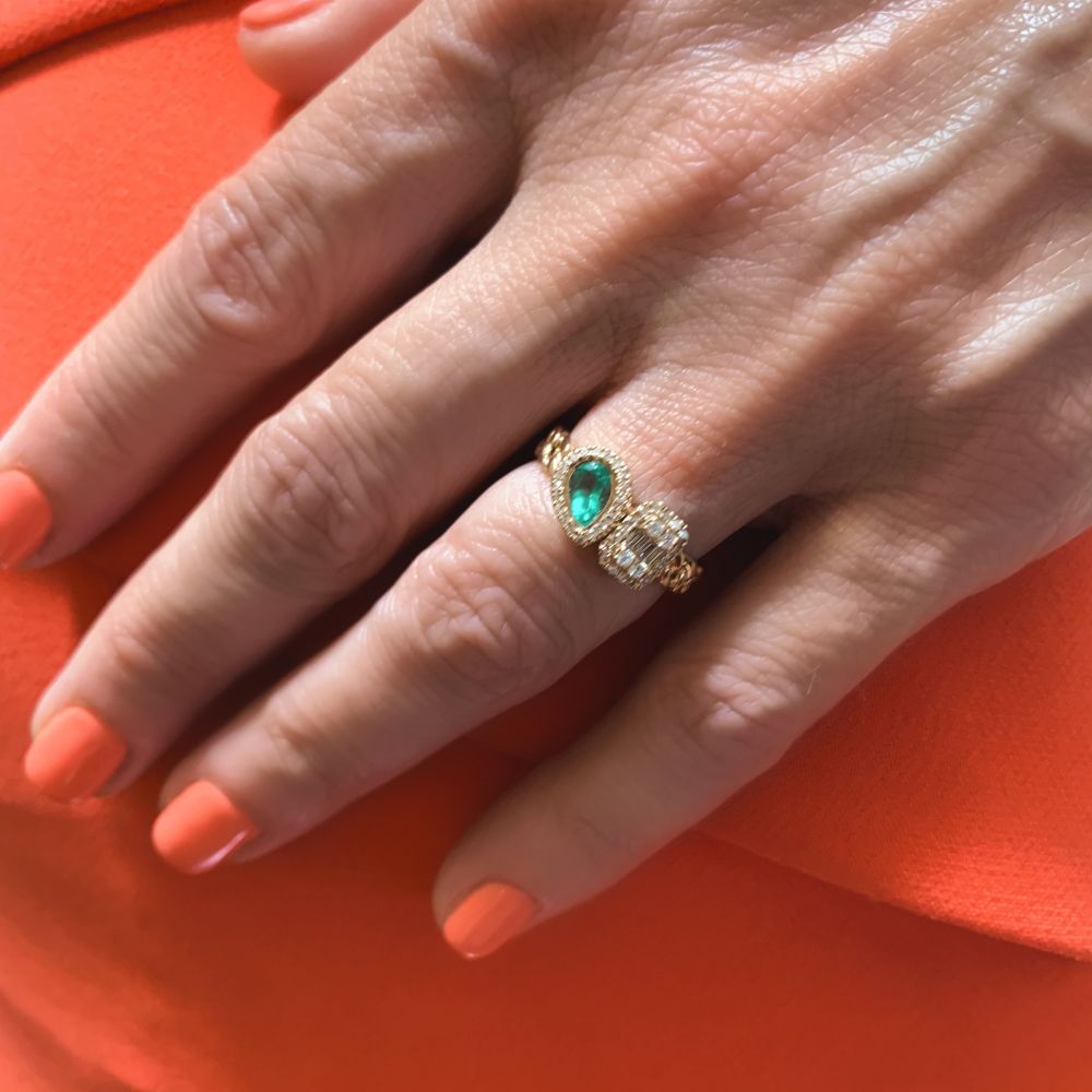 Emerald Drop & Diamond Baguette with Gold Chain Ring