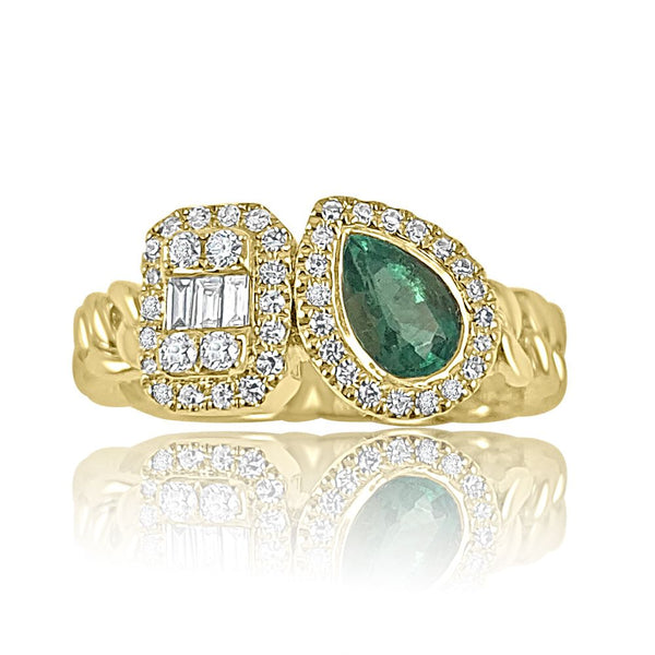 Emerald Drop & Diamond Baguet with 14K Yellow Gold Chain Ring.