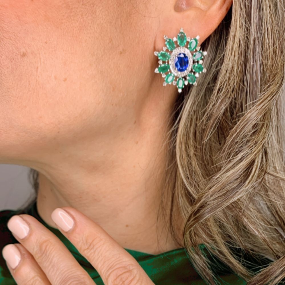Emerald & Kyanite with Diamond Earrings.  ﻿This pair of earrings are perfect for special occasions, this design gives the piece a feminine touch.