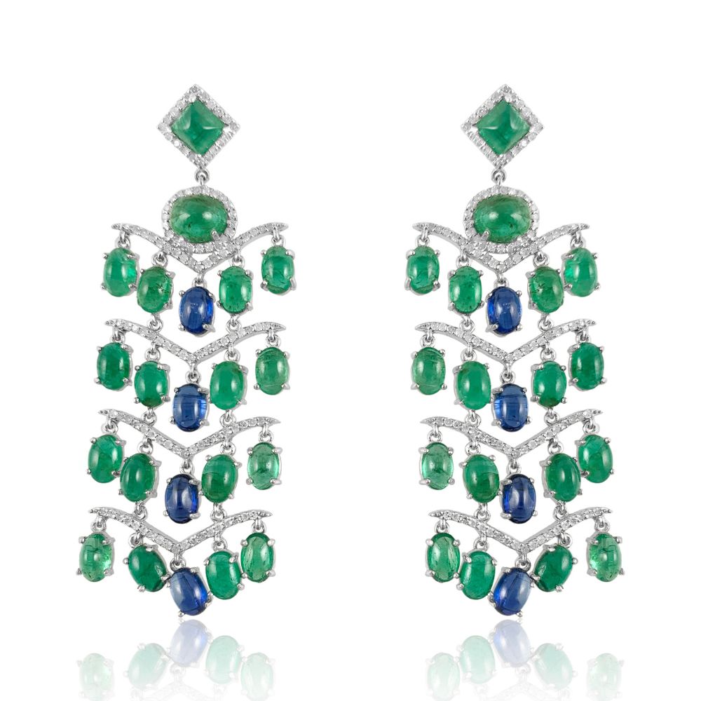 Emerald & Tanzanite Dangle Long Earrings  Emerald: 23.930 ct Tanzanite: 5.120 ct Diamond: 1.20 ct Silver with Rhodium  Plated: 10.84 grams 14K Gold Post: 0.18 grams