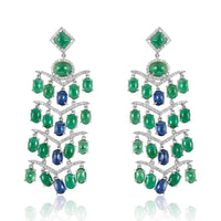Emerald & Tanzanite Dangle Long Earrings  Emerald: 23.930 ct Tanzanite: 5.120 ct Diamond: 1.20 ct Silver with Rhodium  Plated: 10.84 grams 14K Gold Post: 0.18 grams