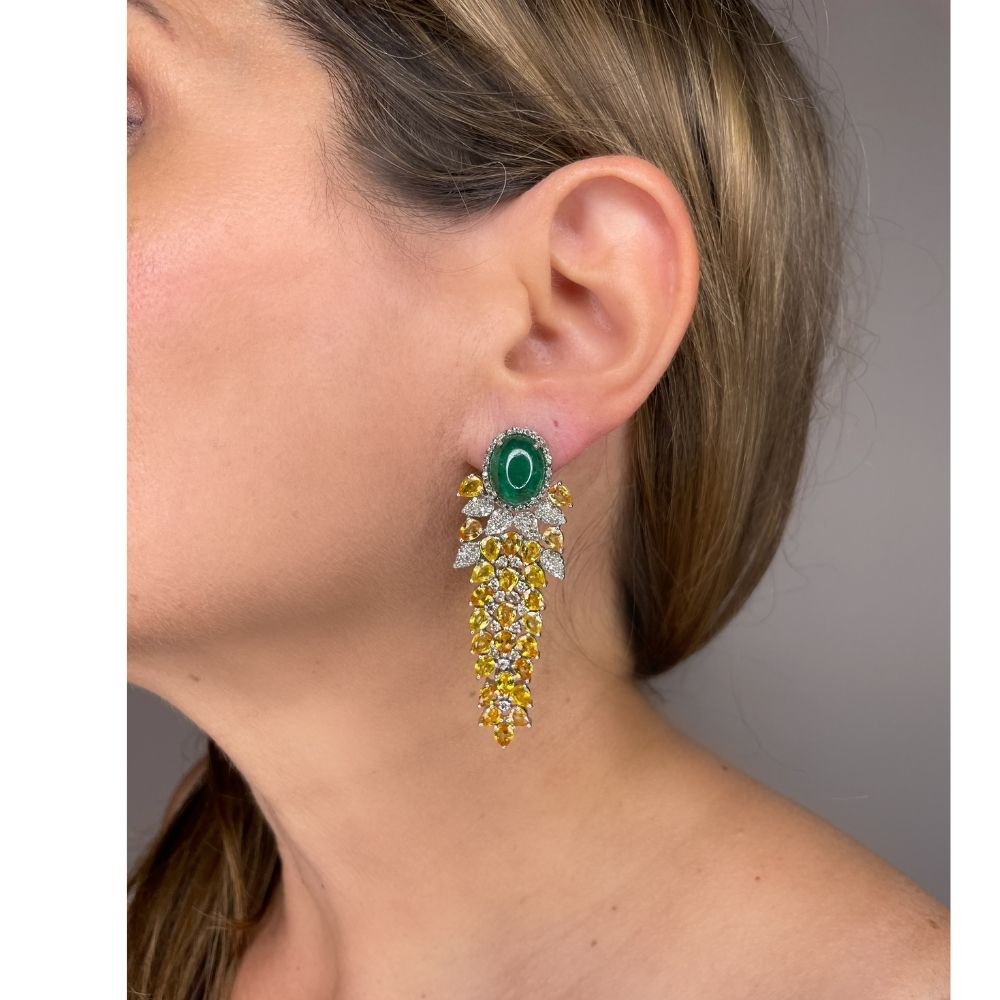Emerald & Yellow Sapphire with Diamond Long Earrings