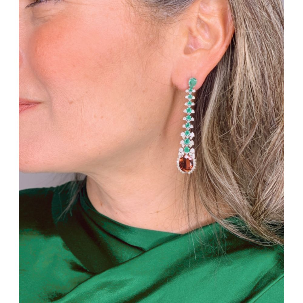 Emerald with Rubellite Tourmaline & Diamond Earrings