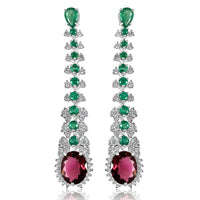 Emerald with Rubellite Tourmaline & Diamond Earrings, this pair are perfect for a special day.  Emerald: 3.00 ct Rubellite Tourmaline: 5.40 ct Diamond: 1.72 ct Silver with Rhodium Plated weight: 9.80 grams Gold Post: 0.18 grams