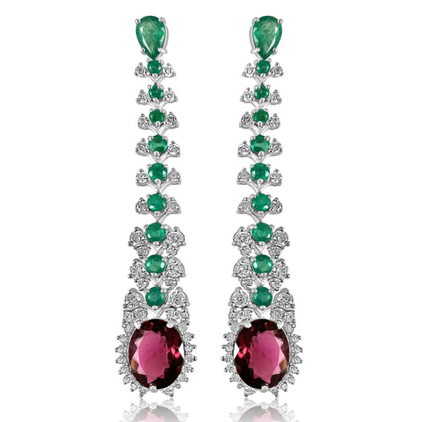 Emerald with Rubellite Tourmaline & Diamond Earrings, this pair are perfect for a special day.  Emerald: 3.00 ct Rubellite Tourmaline: 5.40 ct Diamond: 1.72 ct Silver with Rhodium Plated weight: 9.80 grams Gold Post: 0.18 grams