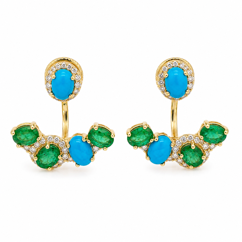 Aretes jacket de oro amarillo con esmeraldas y turquesa