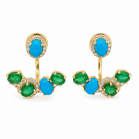 Aretes jacket de oro amarillo con esmeraldas y turquesa