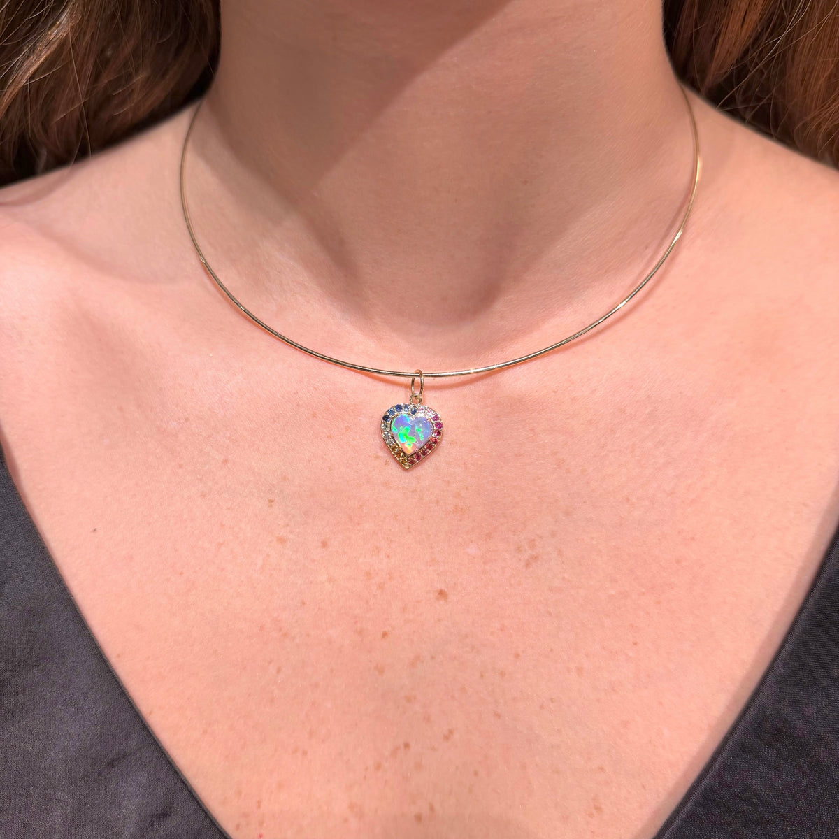Opal Heart with Multicolor Sapphire on 14K Yellow Gold Charm,