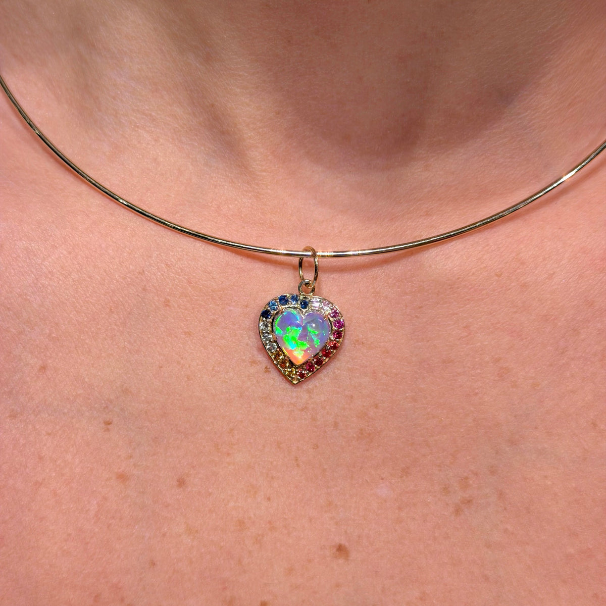 Opal Heart with Multicolor Sapphire on 14K Yellow Gold Charm,