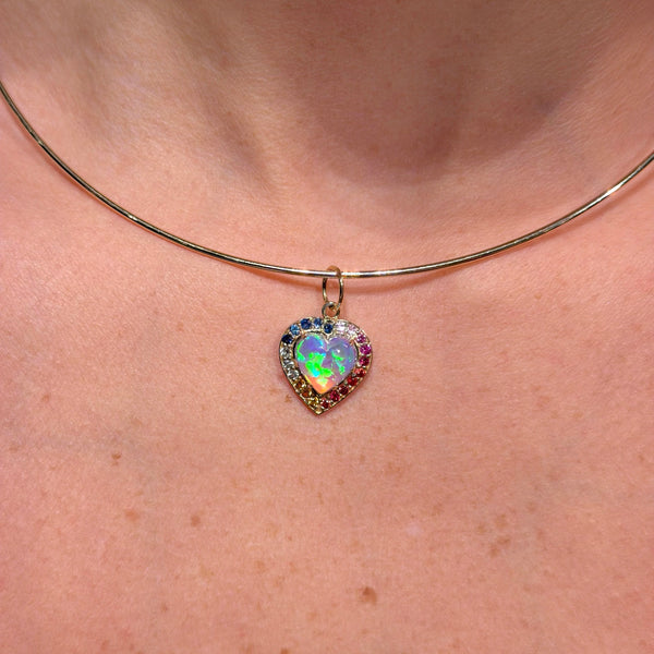 Opal Heart with Multicolor Sapphire on 14K Yellow Gold Charm,
