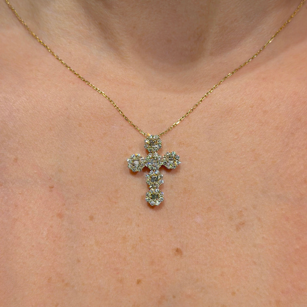 Diamond Cross Pendant on 18K Yellow gold Necklaces