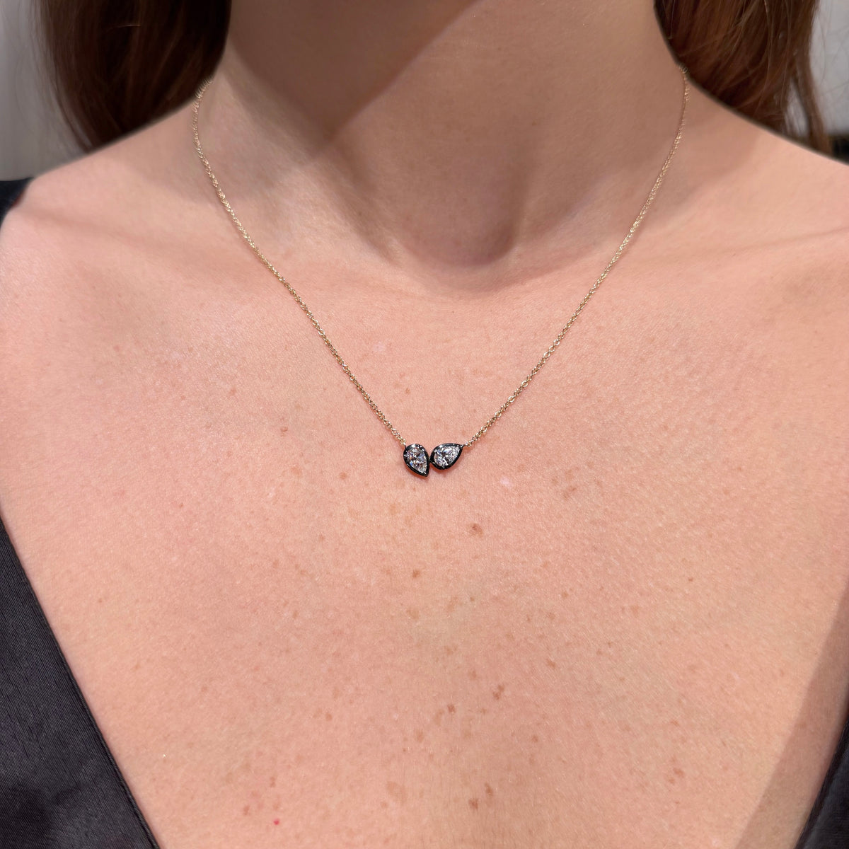 Georgian Style Double Diamonds Pendant on 14K Yellow Gold Necklace