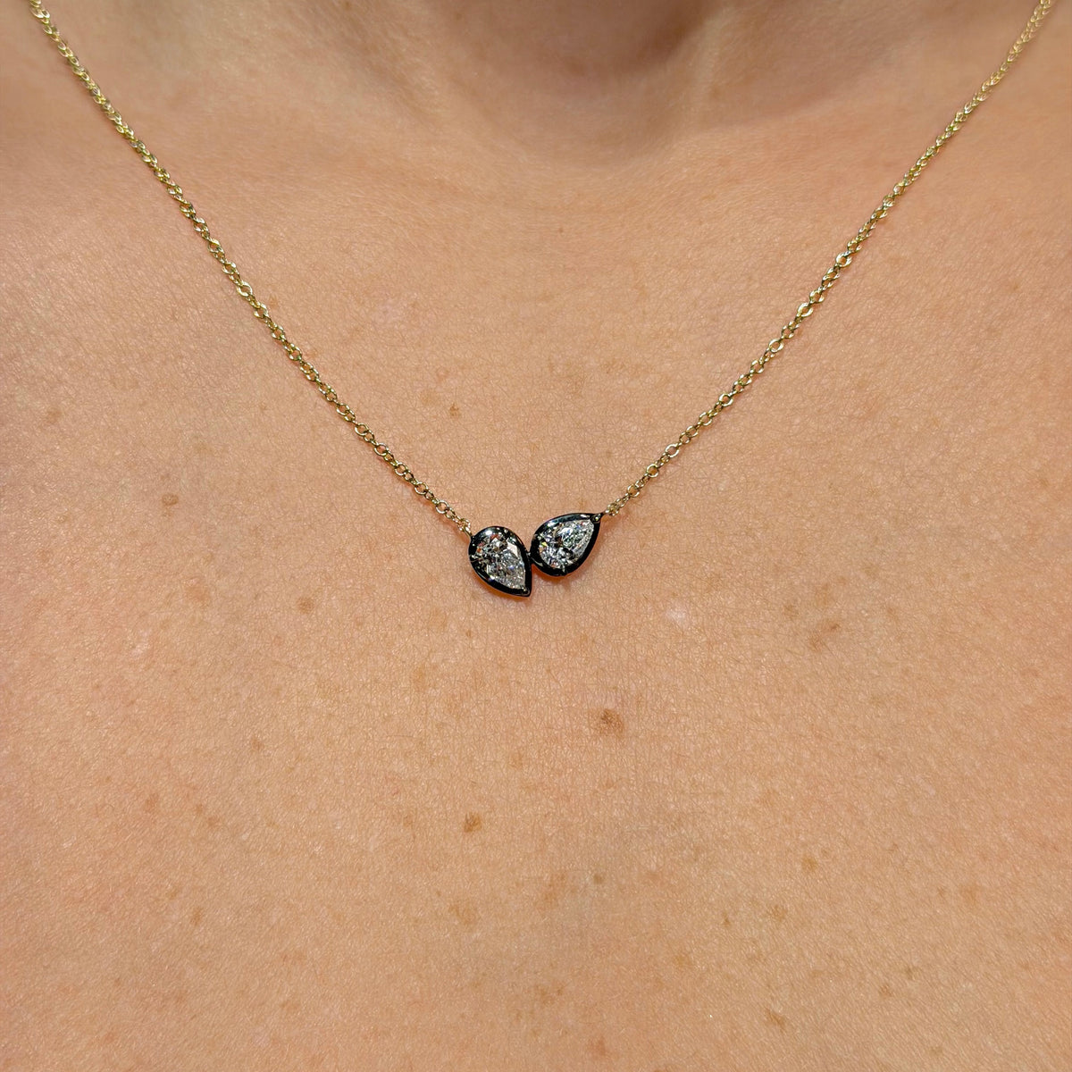 Georgian Style Double Diamonds Pendant on 14K Yellow Gold Necklace