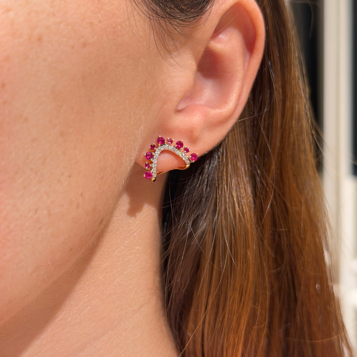 Set of 18K Rose Gold with Ruby and Diamonds Necklace & Earrings.