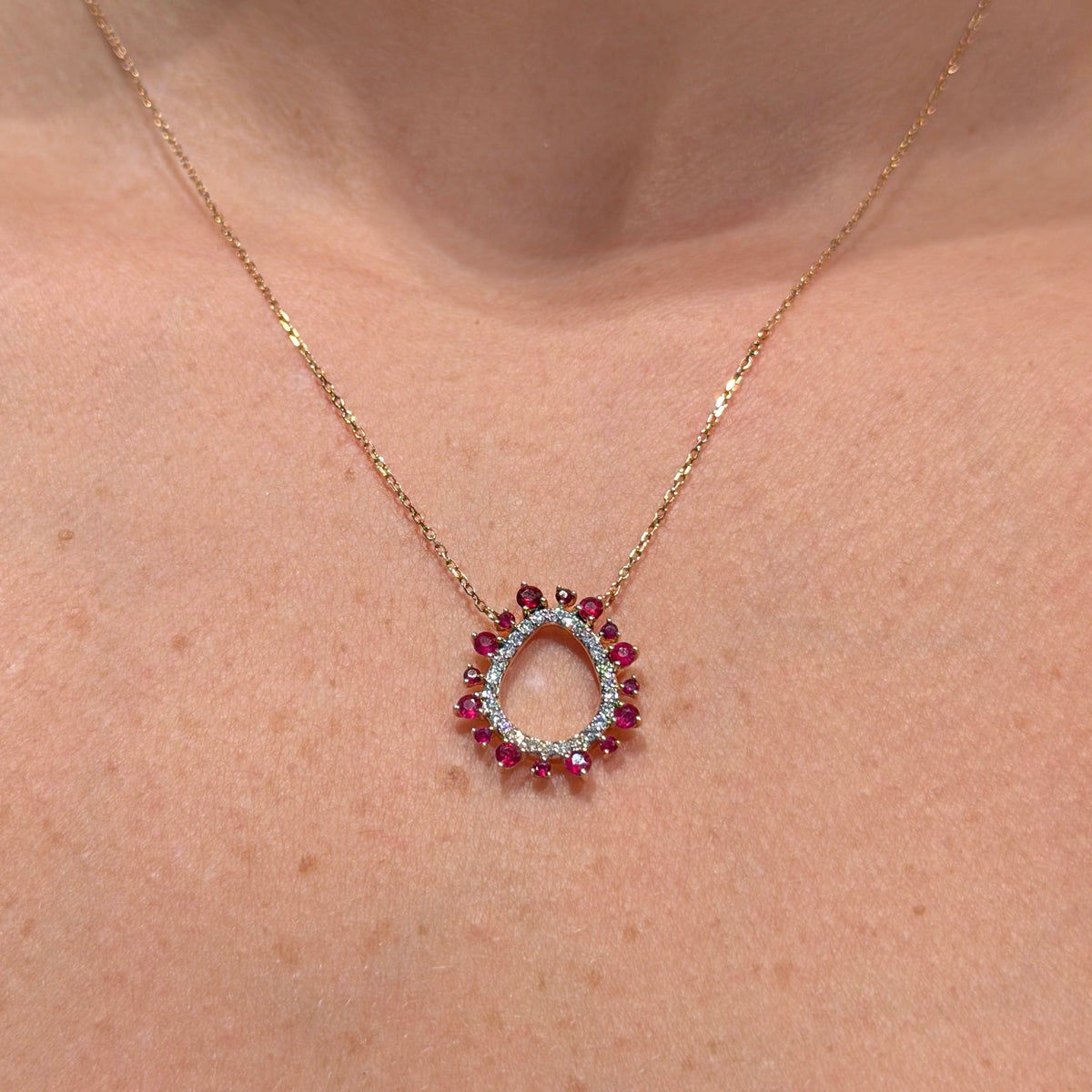Set of 18K Rose Gold with Ruby and Diamonds Necklace & Earrings.