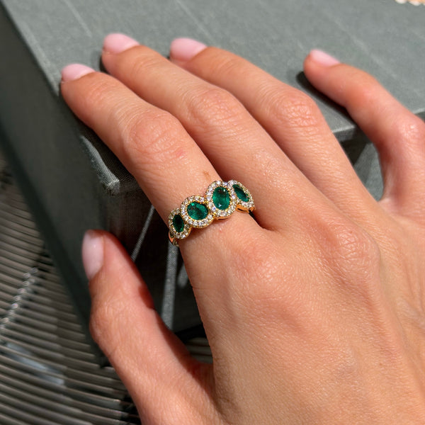 18K Yellow Gold Diamond and Oval Emerald Ring