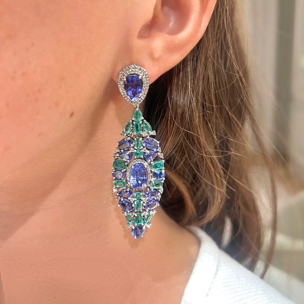 Tanzanite & Emerald Long Drop Earrings