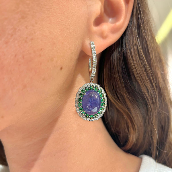 Tanzanite Cabochon & Tsavorite with Diamonds Oval Earrings