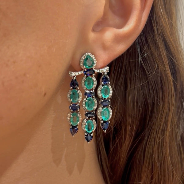 Blue Sapphire & Emerald with Diamond Chandelier Earrings