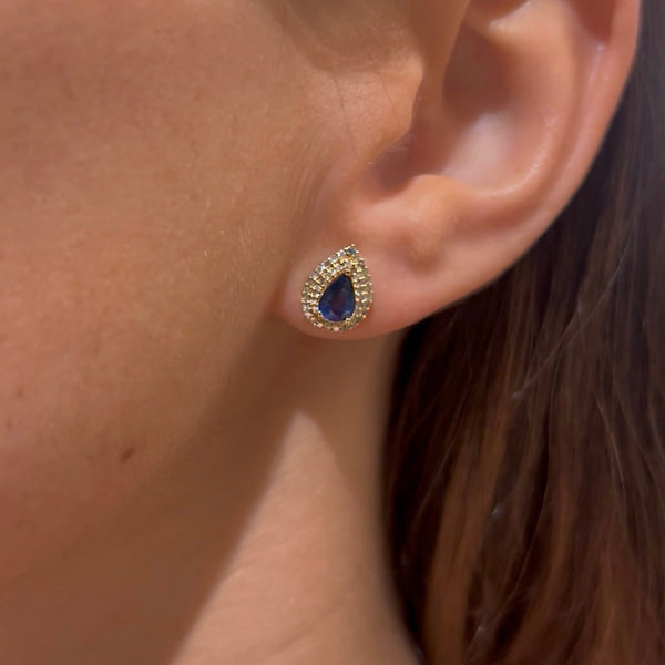 Sapphire & Diamond Pear Stud on 14K Yellow Gold Earrings