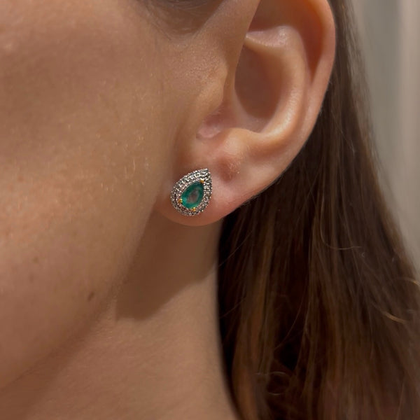 Emerald & Diamond Pear Stud on 14K Gold Earrings