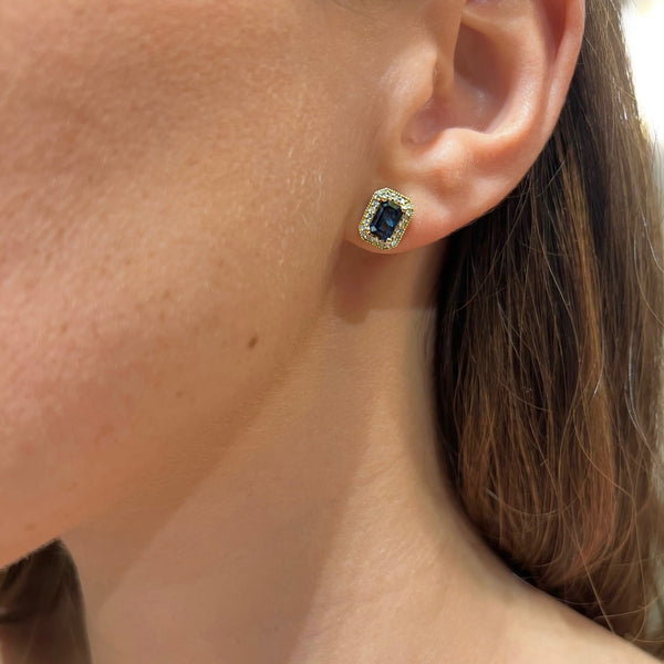 Sapphire Rectangular Stud on 14K Yellow Gold Earrings