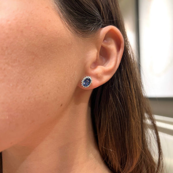 Sapphire & Diamond Oval Stud on 14K Yellow Gold Earrings