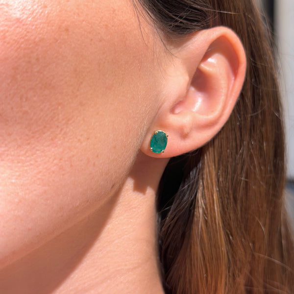 Emerald Classic Oval Studs 14K Yellow Gold