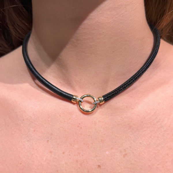 Black Leather with 14K Yellow Gold &amp; Diamonds Necklaces
