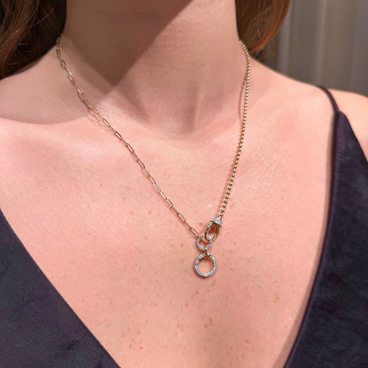 Lobster Clasp & Circle Diamonds with Yellow Gold Necklaces