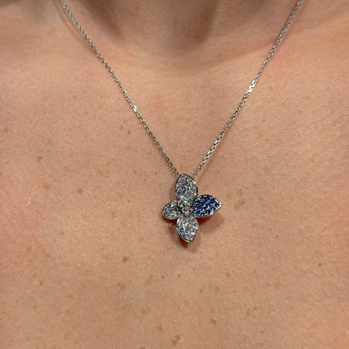 Set of 18K White Gold Blue Sapphire and Diamonds Necklace &amp; Earrings.