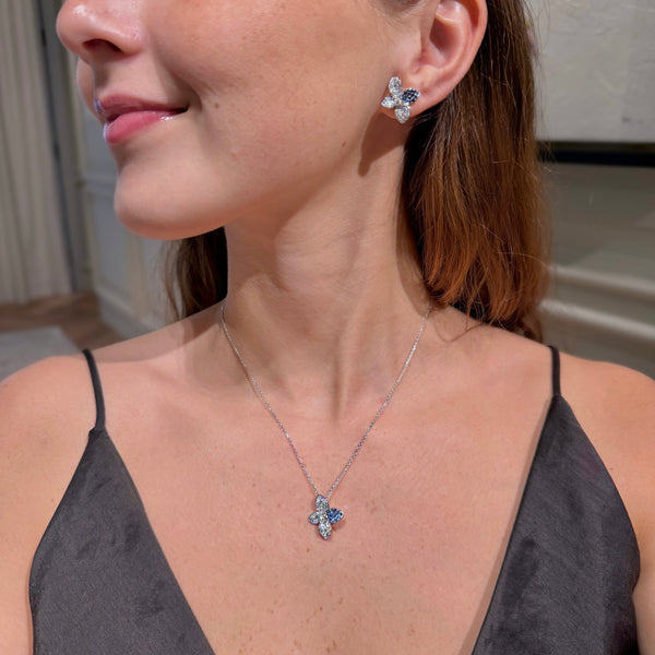 Set of 18K White Gold Blue Sapphire and Diamonds Necklace &amp; Earrings.