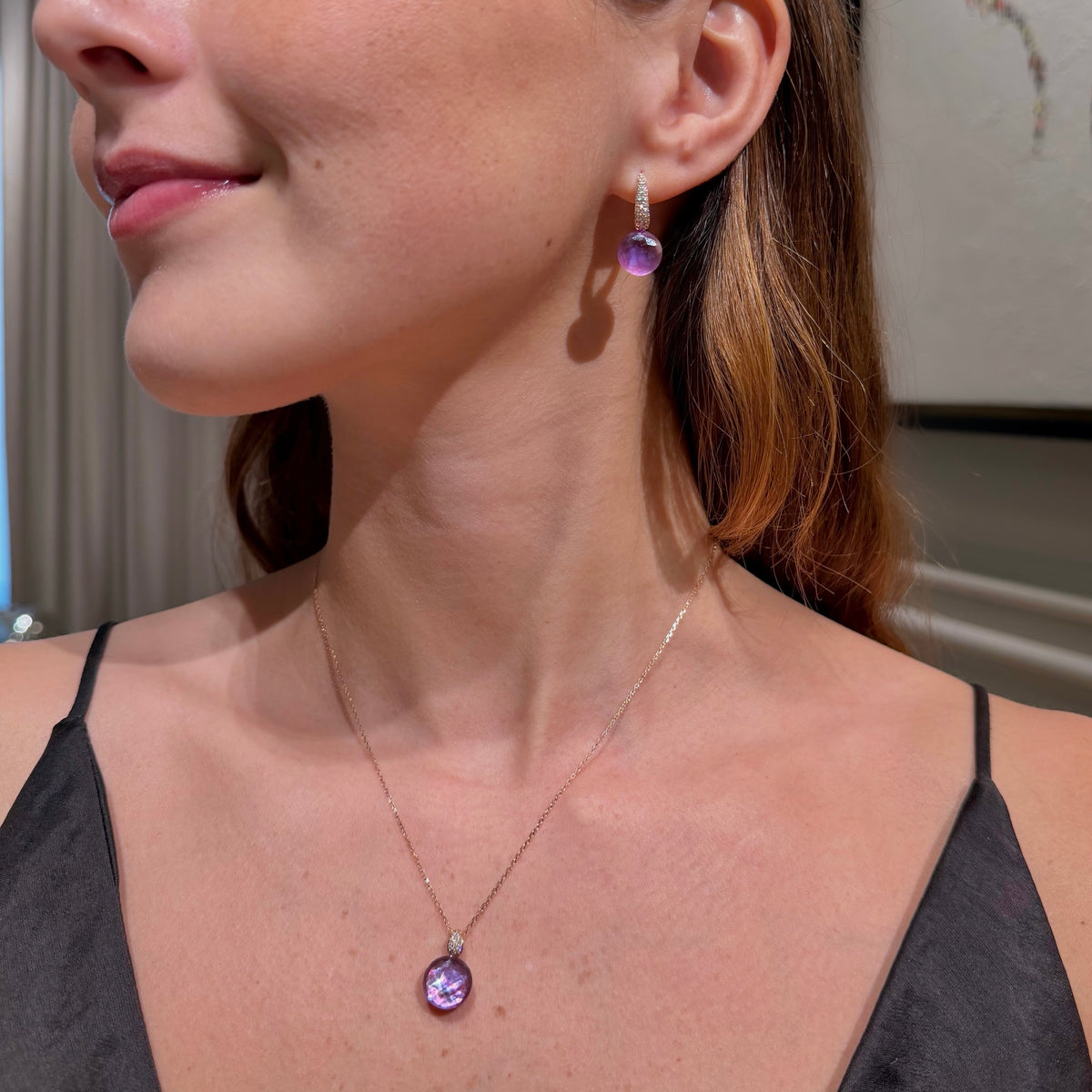 Set of 18K Rose Gold with Amethyst Mother of Pearl and Diamonds Necklace &amp; Earrings.