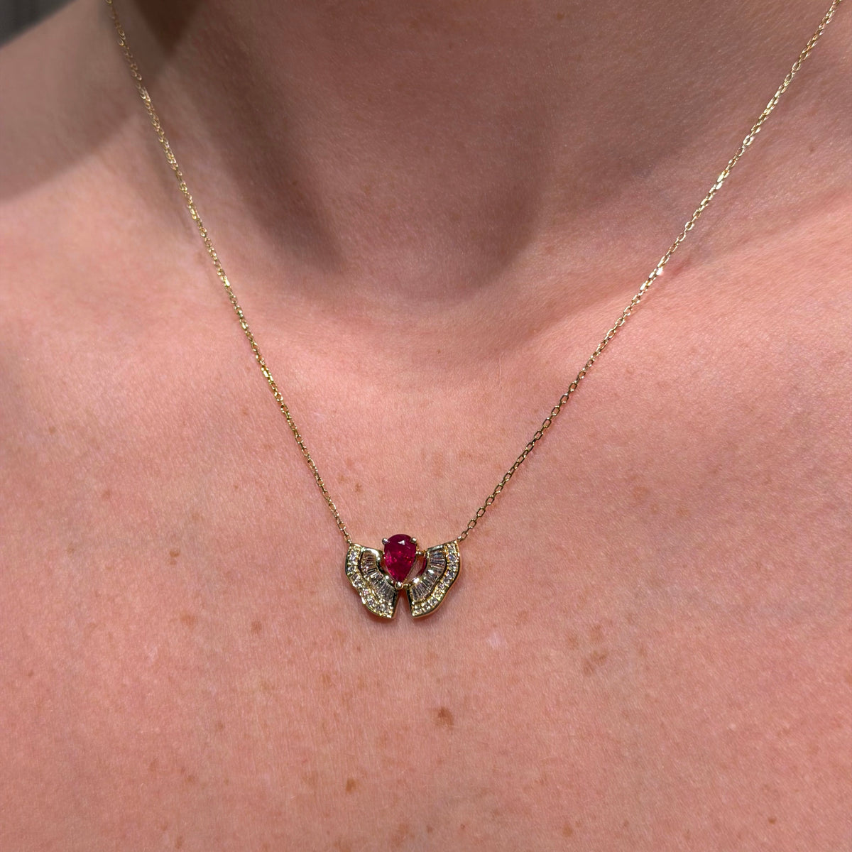 Set of 18K Yellow Gold with Ruby and Diamonds Necklace &amp; Earrings.