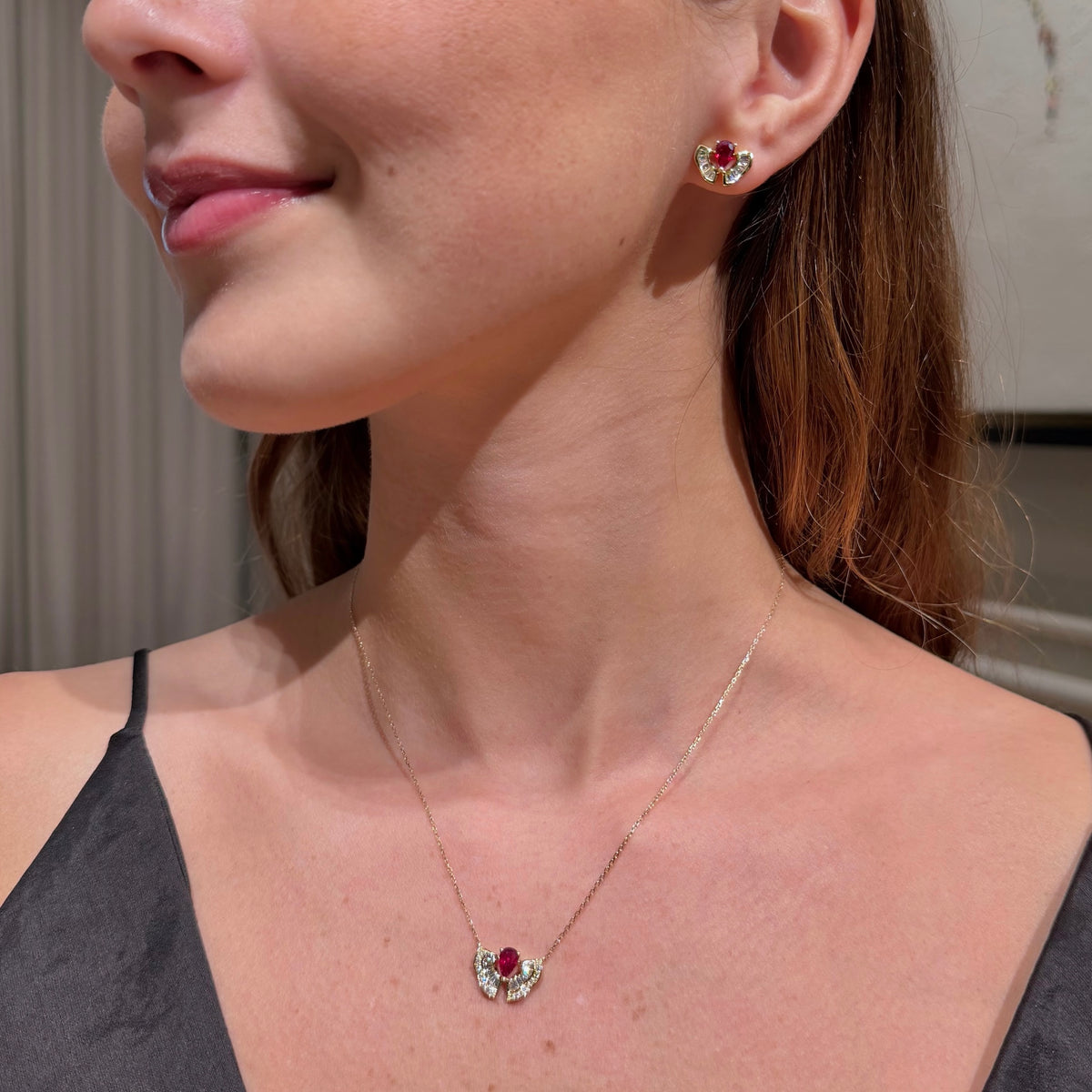 Set of 18K Yellow Gold with Ruby and Diamonds Necklace &amp; Earrings.