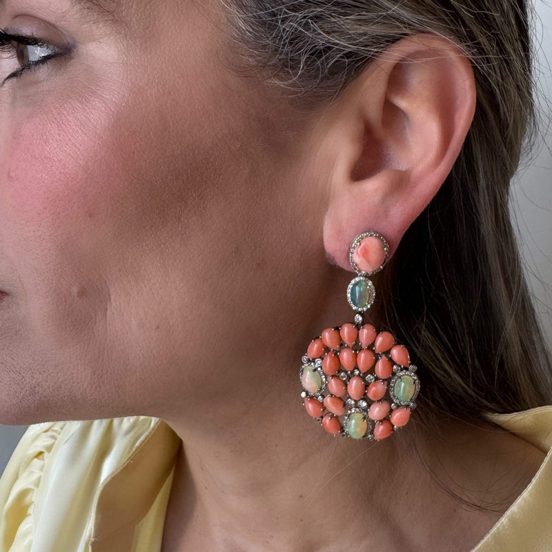 Coral & Opal & Diamond Dangle Earrings