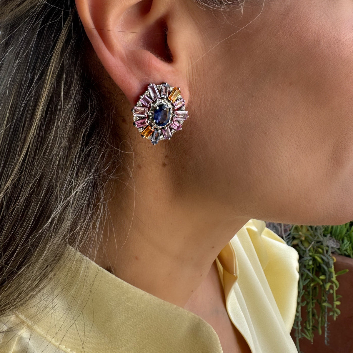 Multicolor Sapphire Cut & Kyanite Flower Earrings