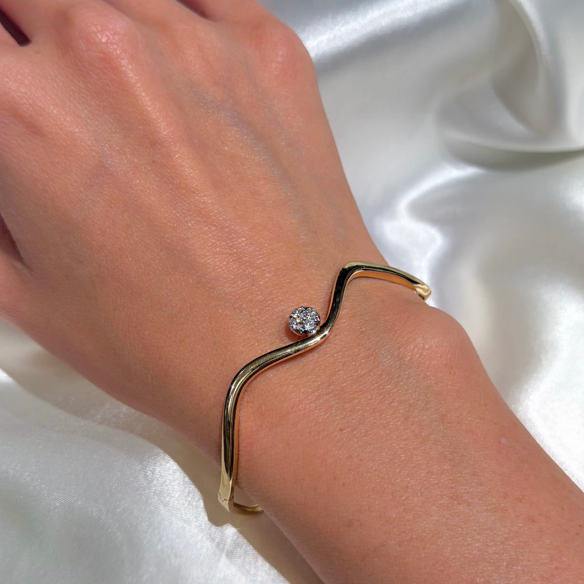 14K Yellow Gold with Diamond Wavy Bangle Bracelets
