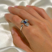 18K White Gold Flower with Diamonds and Blue Sapphire Ring