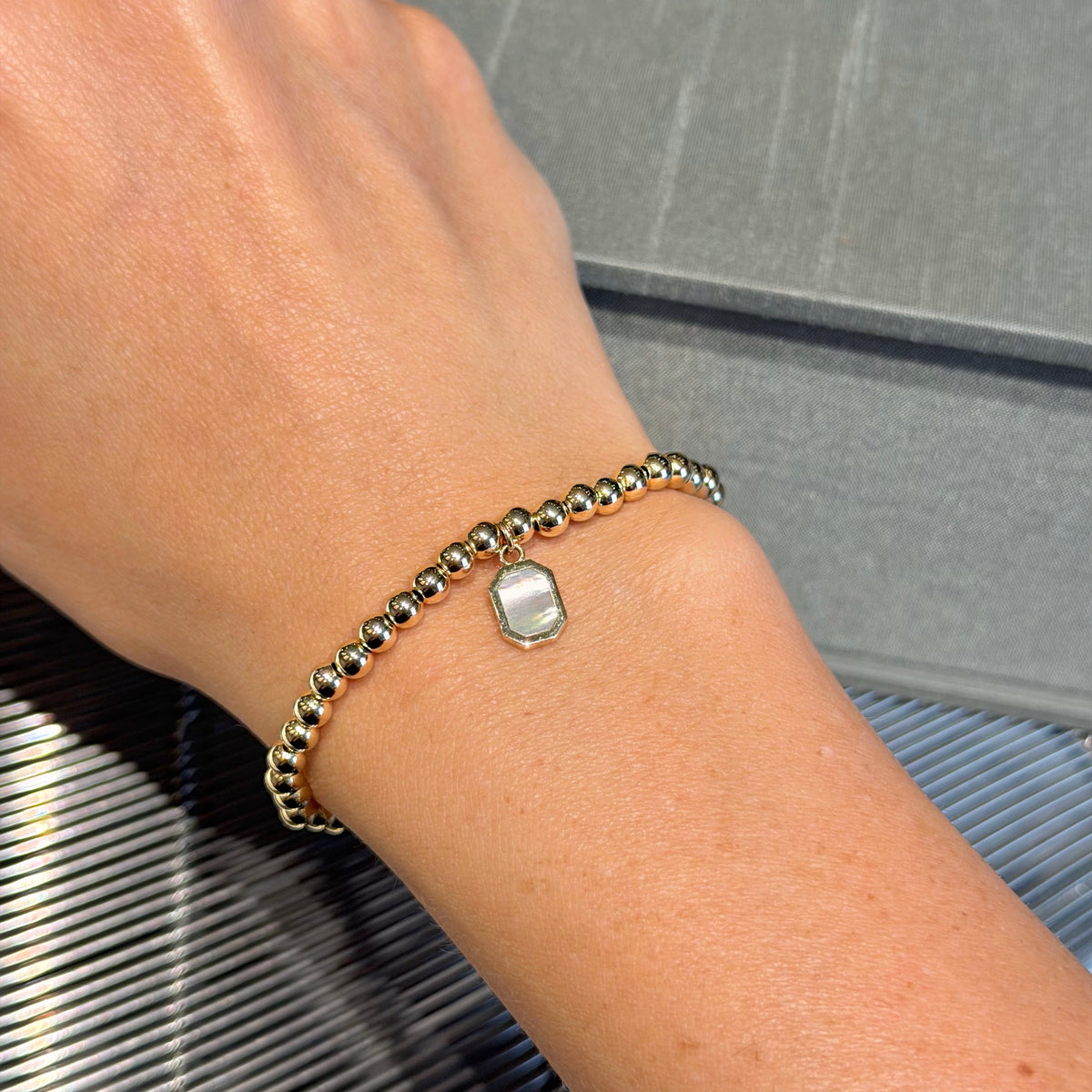 14K Yellow Gold Beads & Mother of Pearl Square Bracelet
