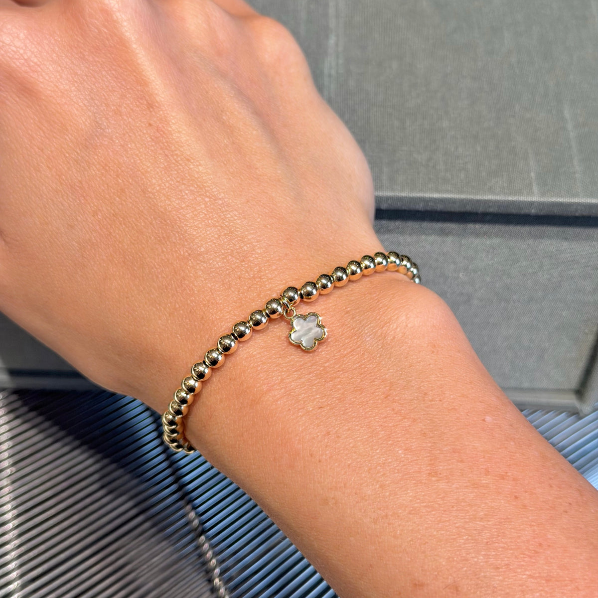 14K Yellow Gold Beads & Mother of Pearl Clover Bracelet